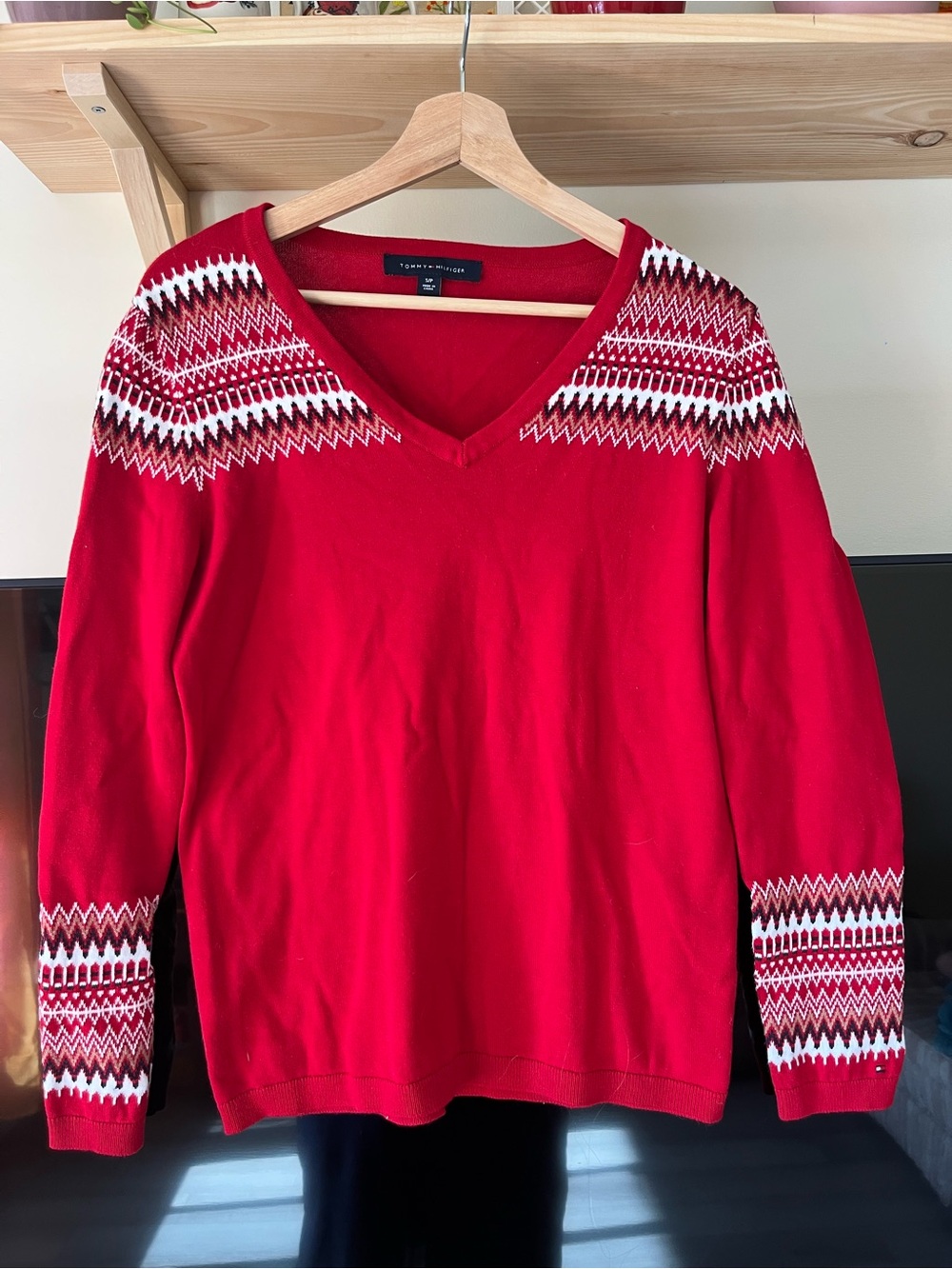 Tommy Hilfiger Red V-Neck Fair Isle Sweater
